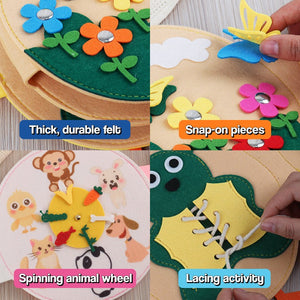 Montessori Felt Activity Book with 8 interactive felt pages for toddlers ages 1-4, screen-free and portable learning toy