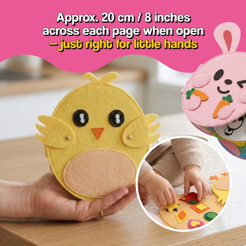 Montessori Felt Activity Book with 8 interactive felt pages for toddlers ages 1–4, screen-free and portable learning toy
