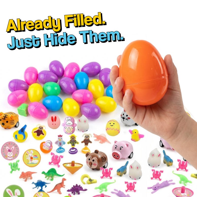 Colorful pre-filled Easter eggs with toys for candy-free Easter hunts, suitable for ages 3 and up.