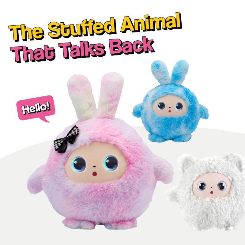 Soft AI Plush Bunny toy with animated eyes and interactive story-telling features for kids aged 3+
