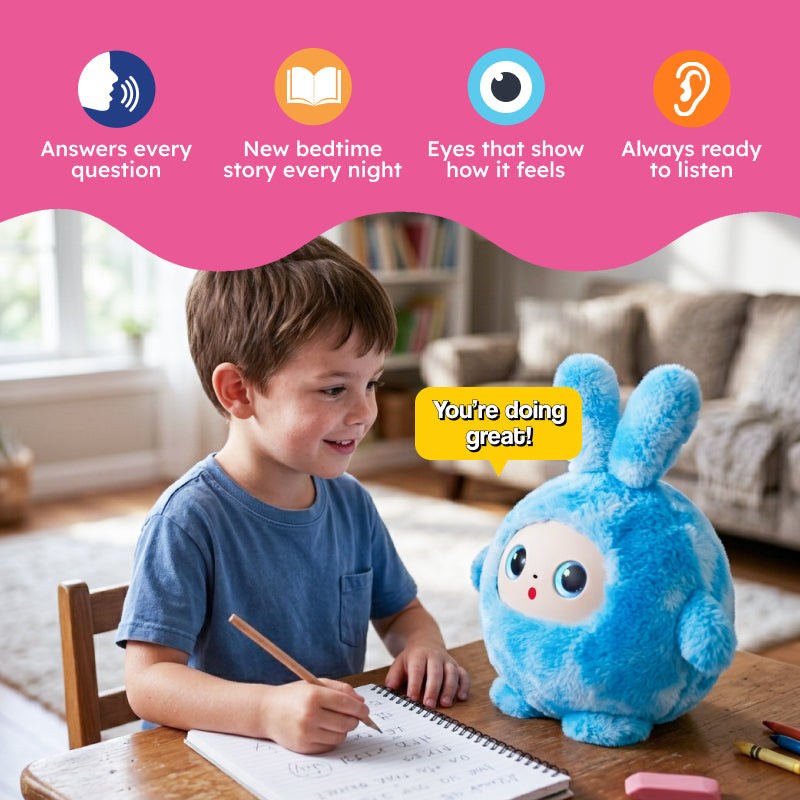 AI Plush Bunny interactive soft toy with animated expressive eyes and real-time AI conversation features