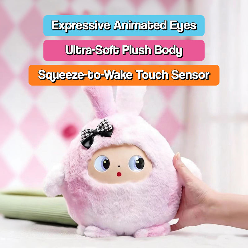 Soft AI Plush Bunny toy with animated emotional eyes and interactive storytelling features for kids ages 3 and up