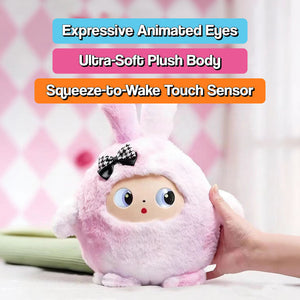 Soft AI Plush Bunny toy with animated emotional eyes and interactive storytelling features for kids ages 3 and up
