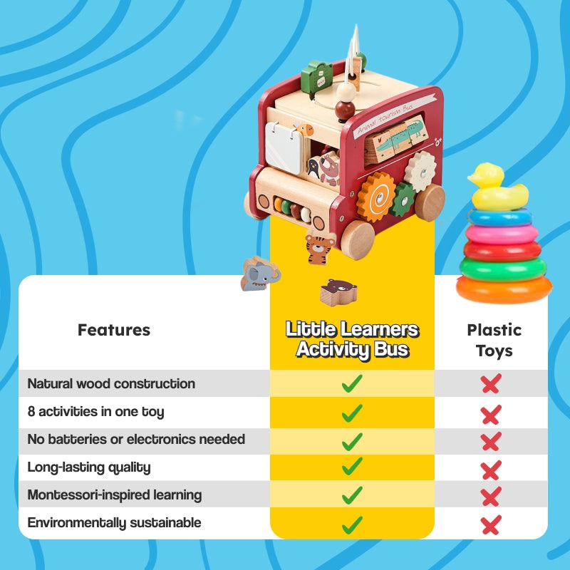 Wooden Montessori Busy Bus with 8 educational activities, natural wood, and animal theme toy for toddlers and preschoolers
