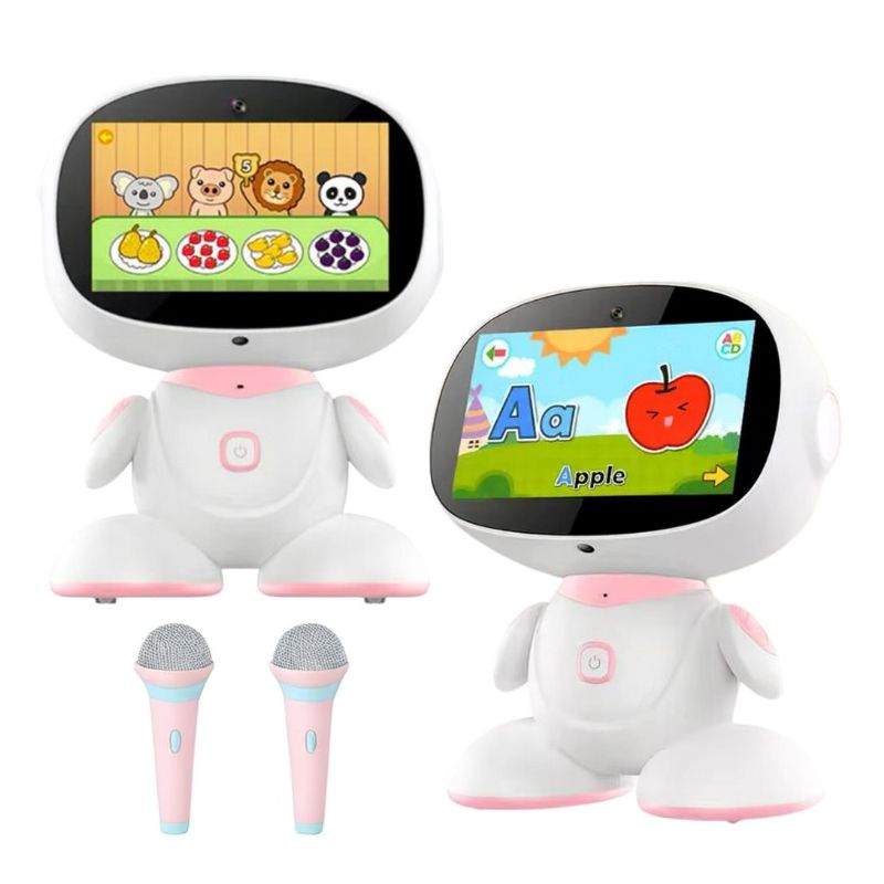 AI-powered STEM learning robot for kids with interactive screens and two microphones