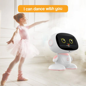 AI-Powered STEM learning robot dancing with a young girl in ballet outfit in bright room