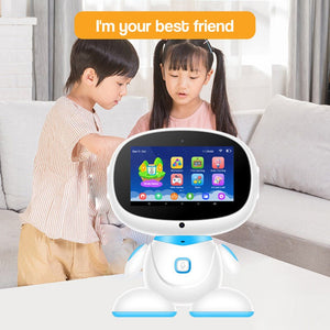 AI-powered STEM learning robot with interactive screen and kids playing in background