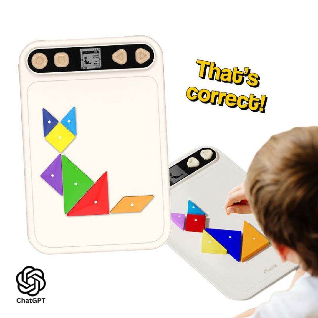 Child playing with AI powered STEM puzzle board using colorful magnetic pieces on white board with digital display and correct answer feedback