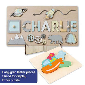 Custom Name Montessori Board personalized wooden name puzzle with space and animal shapes, easy-grab letter pieces, and an extra puzzle with display stand