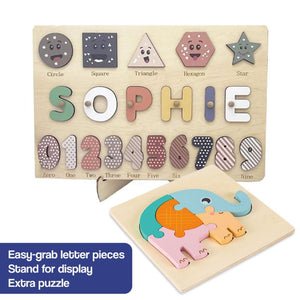 Custom Name Montessori Board with personalized name puzzle, shapes, numbers, and extra elephant puzzle for kids.