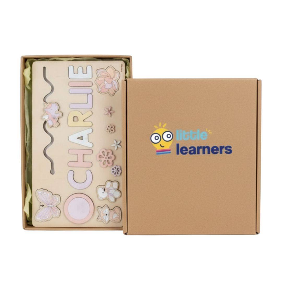 Custom Name Montessori Board personalized wooden puzzle with child name and playful shapes in gift box