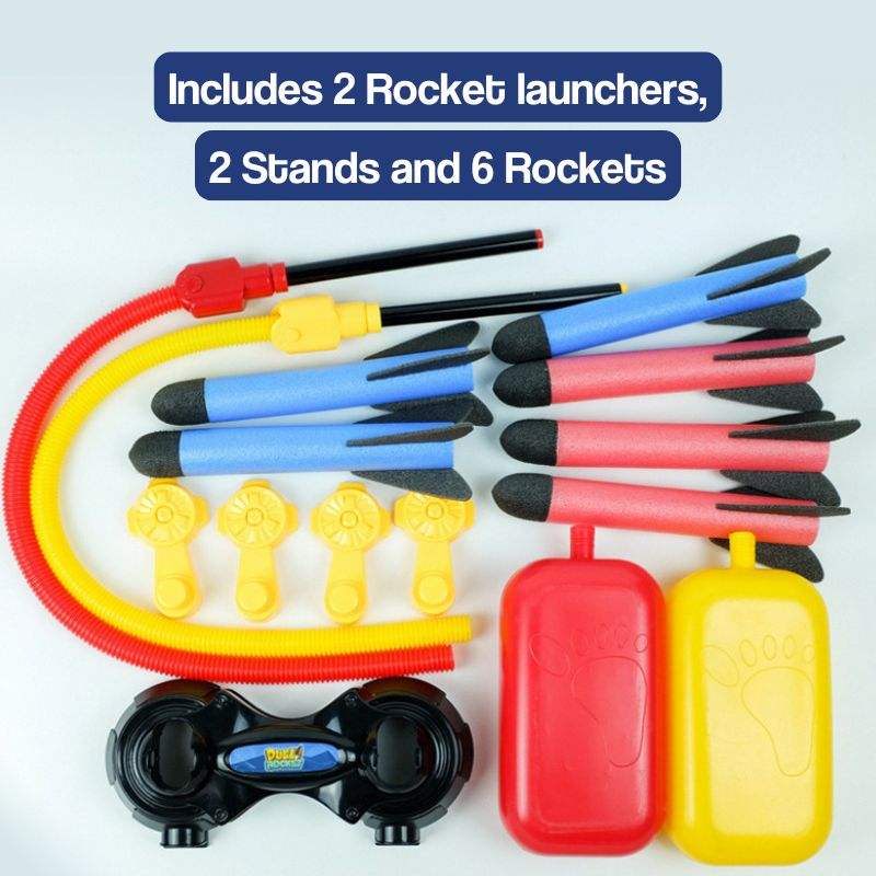 Dual Toy Rocket Launcher set with 2 launchers, 2 stands, and 6 colorful foam rockets for outdoor interactive play.