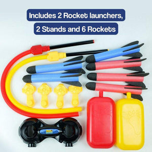 Dual Toy Rocket Launcher set with 2 launchers, 2 stands, and 6 colorful foam rockets for outdoor interactive play.