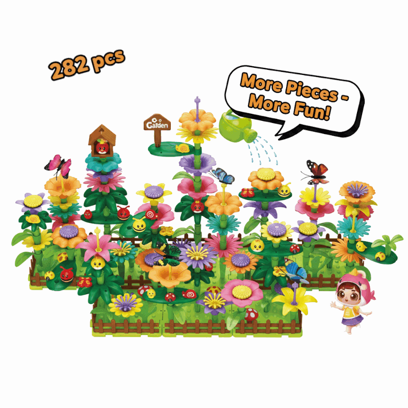 Educational garden building flower toys set with 282 colorful flower pieces and butterfly figures for creative play and motor skill development.