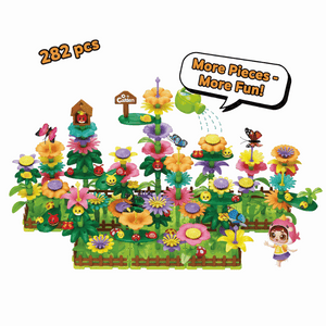 Educational garden building flower toys set with 282 colorful flower pieces and butterfly figures for creative play and motor skill development.