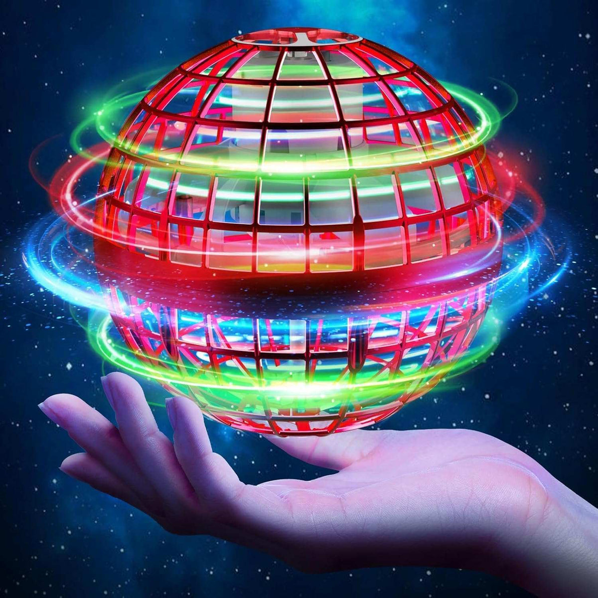 Galaxy Lights Flying Magic Orb glowing with multicolor LED lights above a hand in dark space background