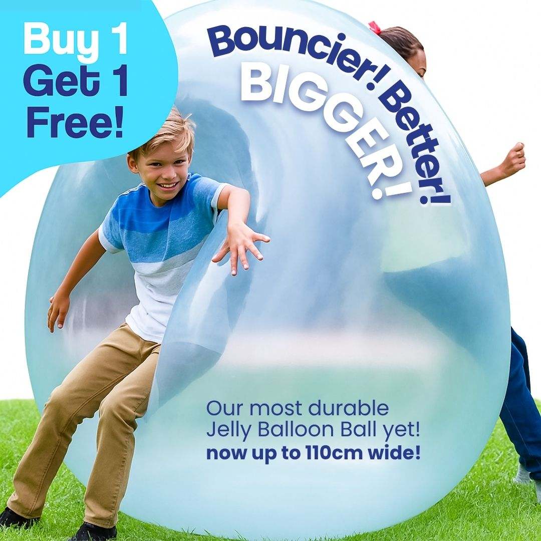 Kids playing outdoors with Giant Jelly Balloon Ball inflatable toy on grass, blue and white transparent balloon ball