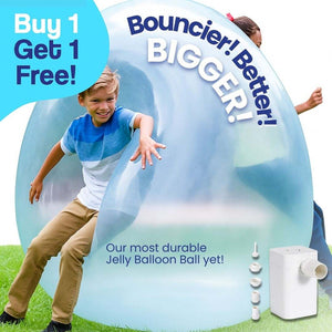 Children playing outdoors with a giant inflatable blue Jelly Balloon Ball and white pump.