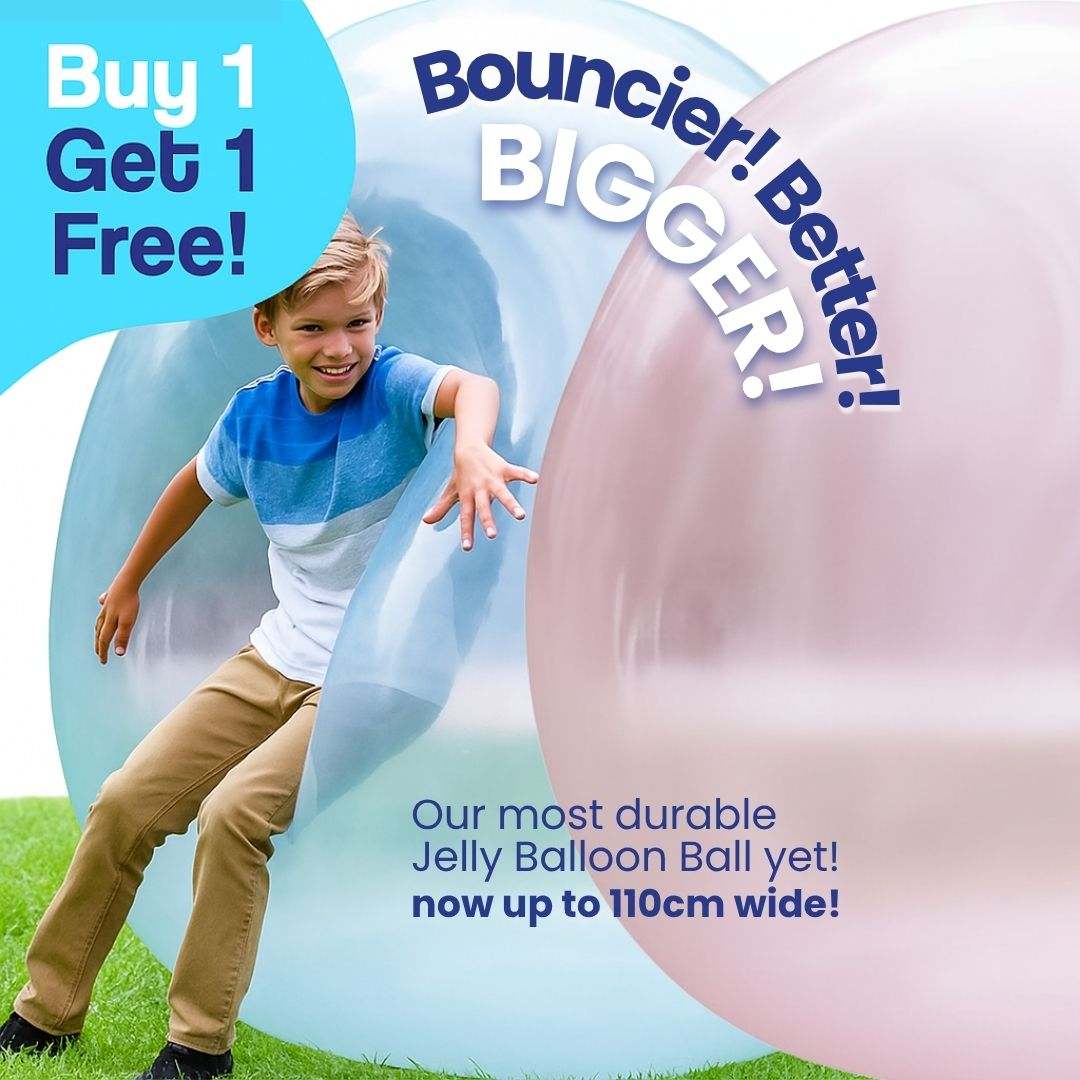 Child playing with large blue and pink Giant Jelly Balloon Ball outdoors