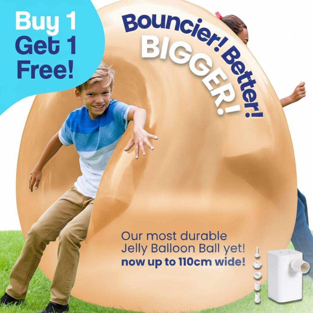 Kids playing with a large, durable Giant Jelly Balloon Ball outdoors and pump shown