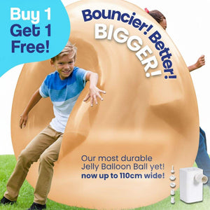 Kids playing with a large, durable Giant Jelly Balloon Ball outdoors and pump shown