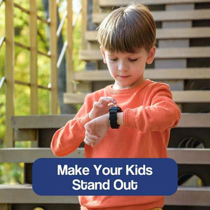 Child using Kids Multi-purpose Smartwatch outdoors, wearing orange sweater, showcasing interactive smartwatch for kids aged 7+