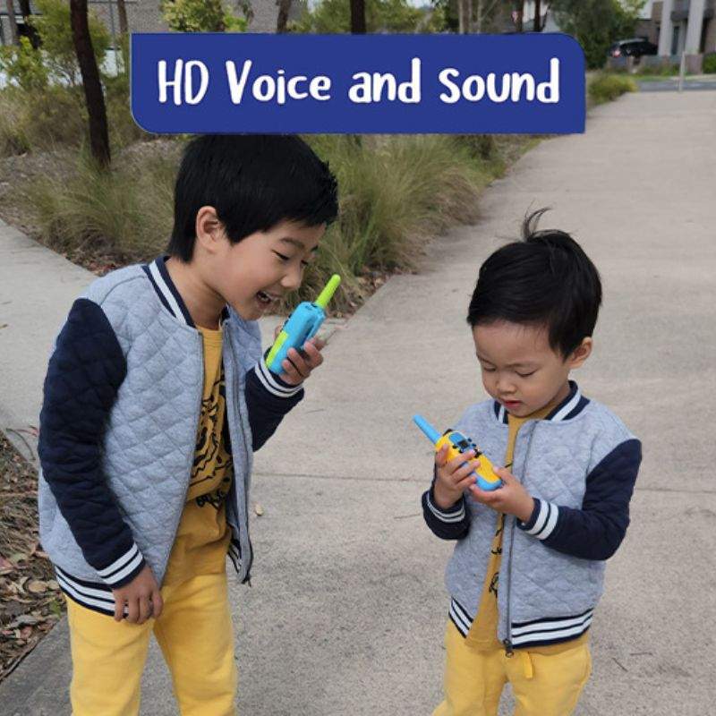 Kids using colorful walkie talkies outdoors with HD voice and sound feature