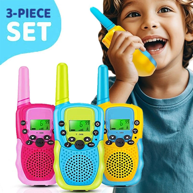 Colorful 3-piece kids walkie talkie set with clear display and buttons for easy communication and fun play