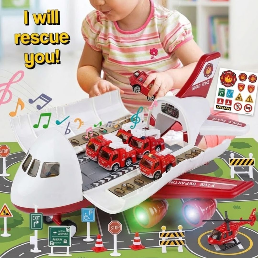 Toddler playing with Little Hero Command Center airplane toy featuring rescue vehicles, ramp launcher, lights, and traffic signs.