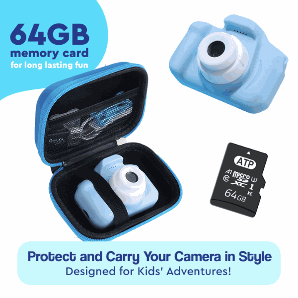 LittleLens Kids Camera with protective case, 64GB memory card, and kid-friendly design for creative outdoor fun.
