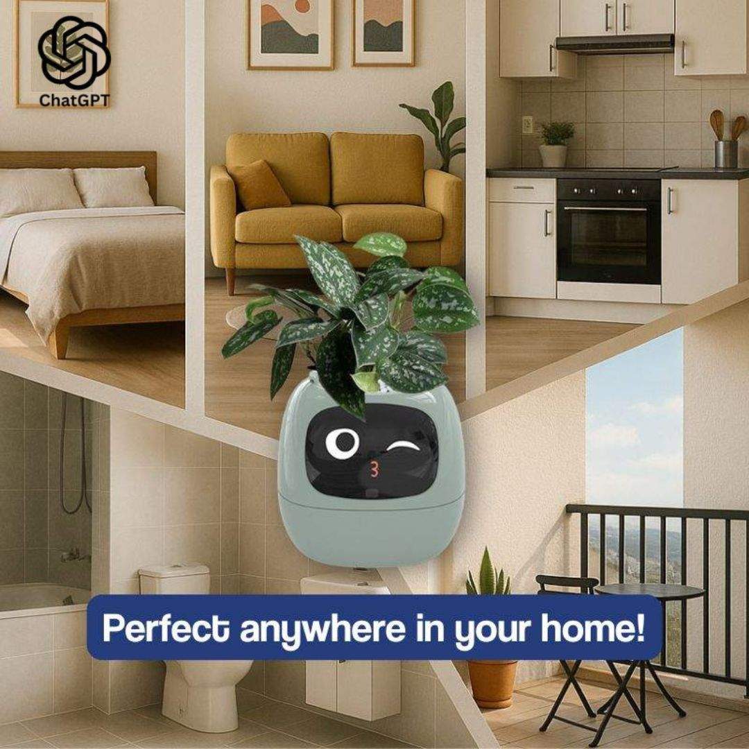 AI GrowBuddy Smart Plant Care System Ivy with expressive face and sensors for interactive plant care
