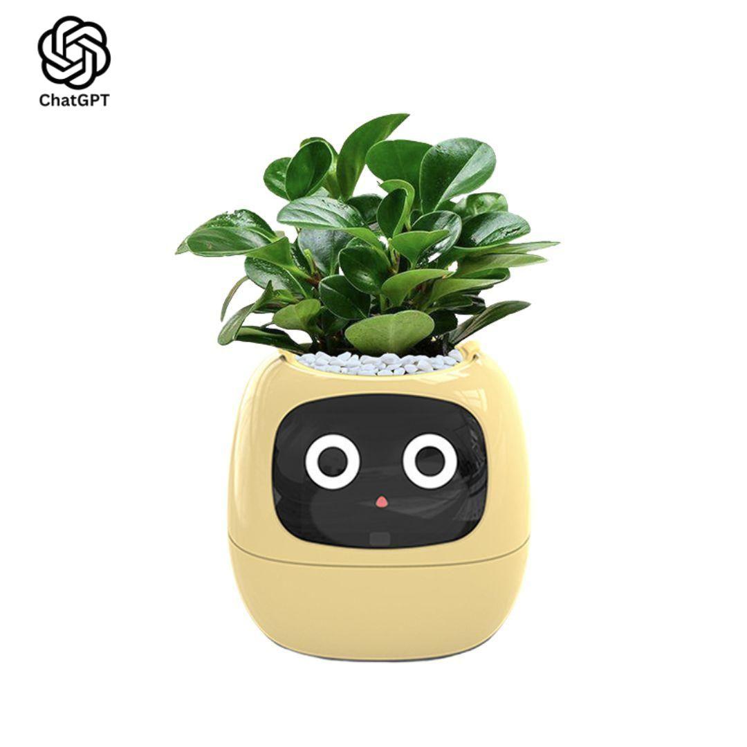 AI GrowBuddy Smart Plant Care System Ivy robot with expressive face and plant sensors