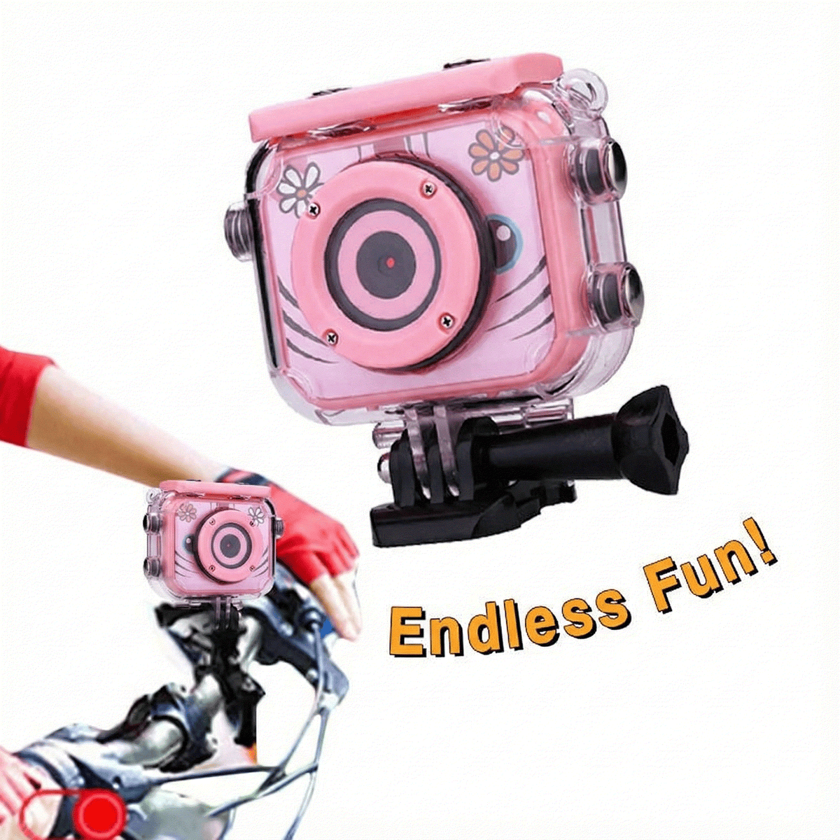 Mini Kids High-Quality Sports Camera in pink waterproof case mounted on bike bicycle bracket for outdoor activities