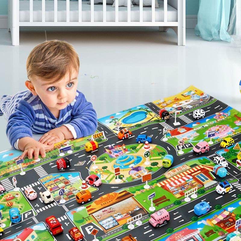 Montessori city map mat with detachable plastic car toys for kids' skill development and group play