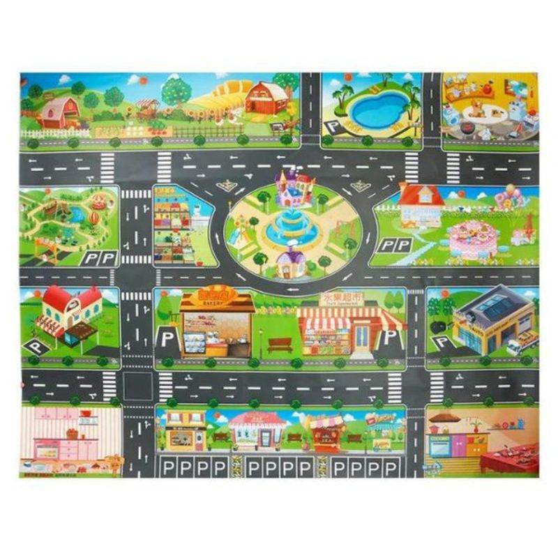 Montessori city map with cloth mat, roads, buildings, and detachable plastic car toys for kids' learning and play