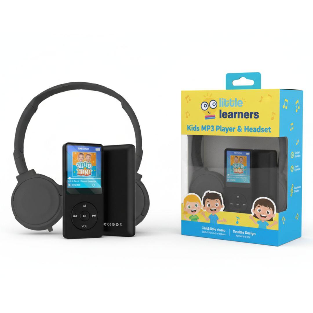 Kids MP3 Player with Headset set including black MP3 player, headphones, and colorful Little Learners packaging