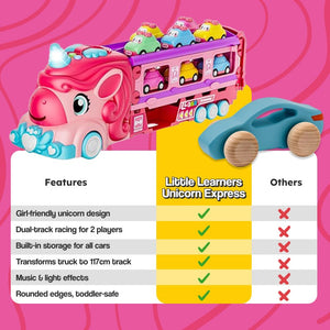 Unicorn Express dual racing truck toy with unicorn design, dual-track, music, lights, and built-in storage for kids ages 3 and up