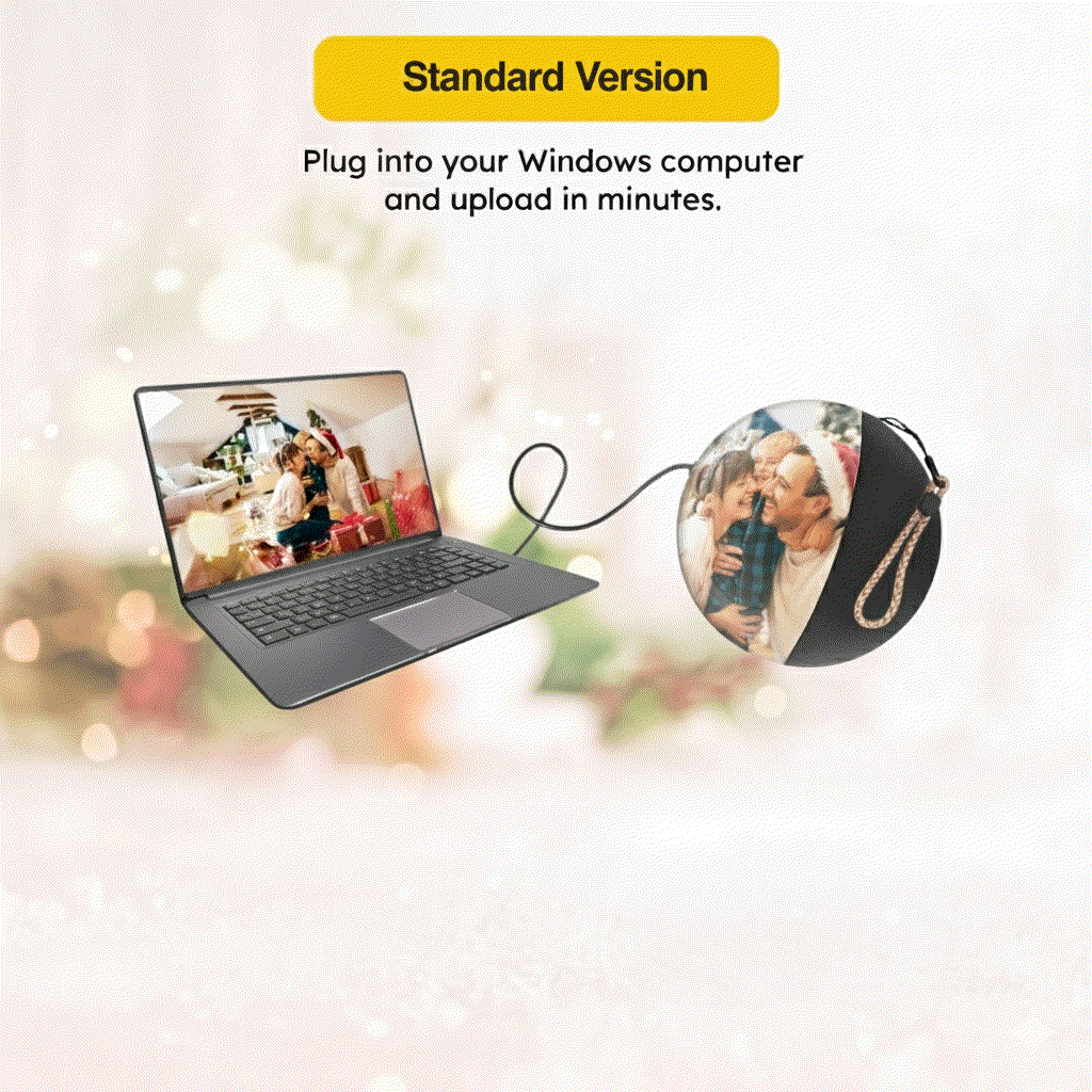 Video Memory Christmas Tree Ornament 3D holographic crystal ball displaying floating family memories uploaded via Windows computer with glowing effect