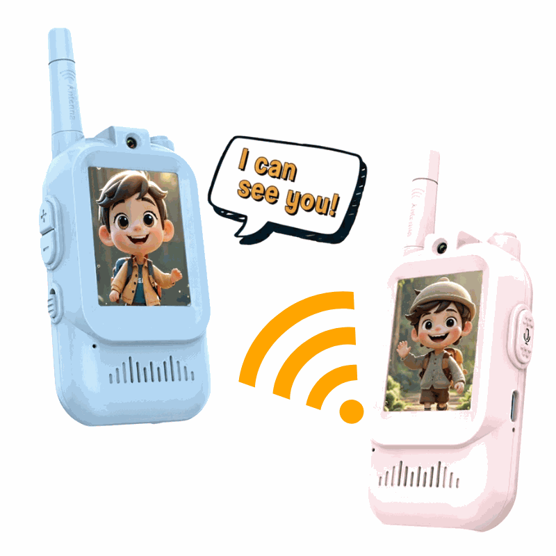 Two colorful kids walkie talkies with animated character screens showing real-time communication and signal icons