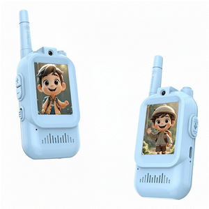Blue kids walkie talkie with cartoon character display, two-way communication device for children.